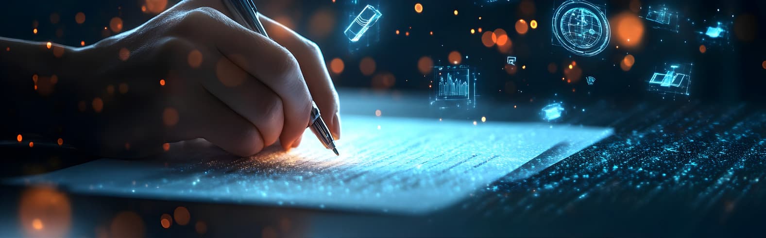 A hand signing a glowing document surrounded by digital icons