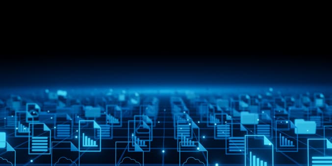 A grid of glowing blue documents stretching to the horizon