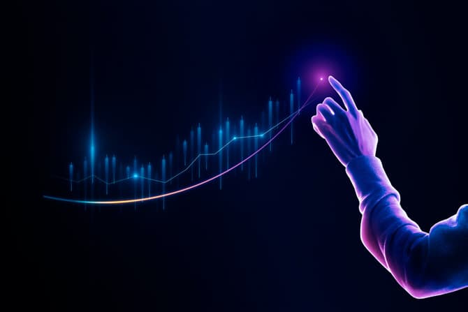A hand tracing a rising chart rendered in purple and blue light