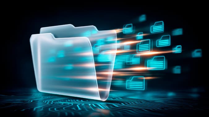A translucent folder with glowing documents streaming out of it