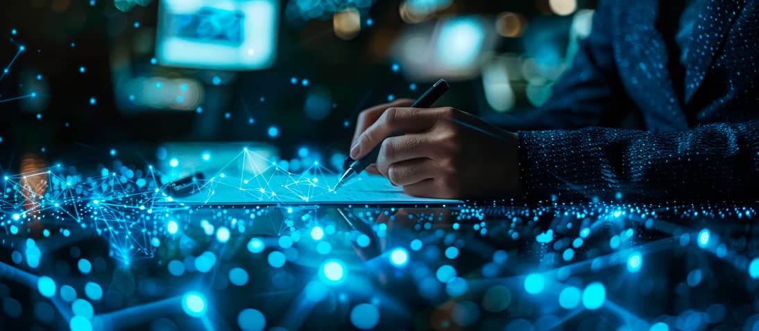 A person signing a document surrounded by a glowing digital network