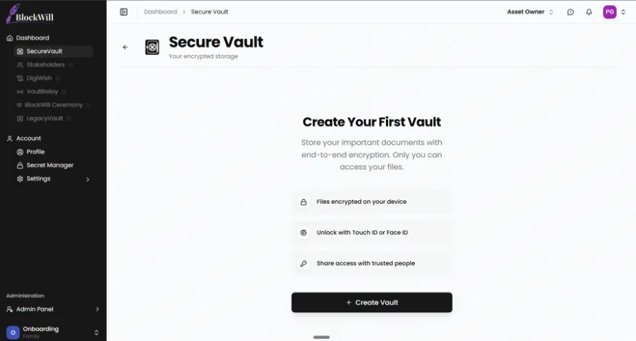 Create vault screen